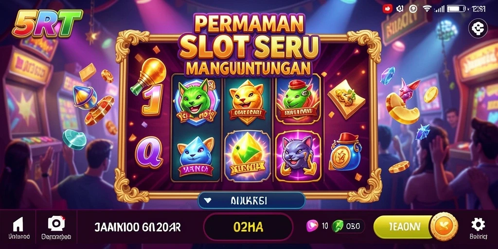 Screenshot menampilkan gameplay seru di 5RT dengan berbagai simbol kemenangan.