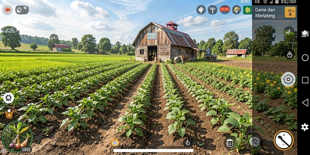 Screenshot permainan menampilkan kebun yang indah dan aktivitas bertani.