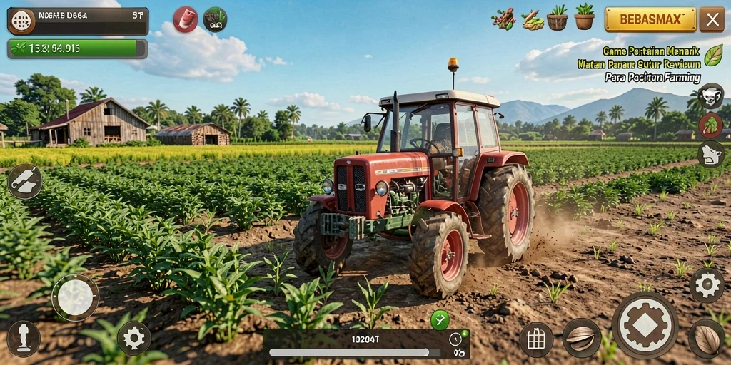 Screenshot BEBASMAX menampilkan suasana ladang hijau yang aktif dengan berbagai tanaman.