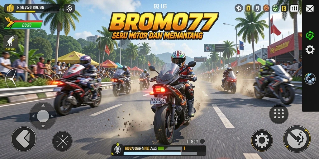 Tampilan gameplay BROMO77 yang penuh aksi saat balapan motor.