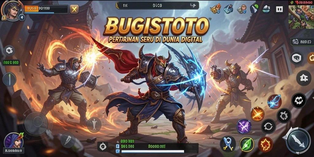 Screenshot utama dari gameplay BUGISTOTO menampilkan pertarungan mendebarkan antara karakter.