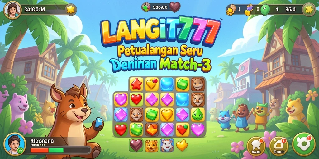 Screenshot LANGIT777 menunjukkan gameplay seru dengan tantangan Match-3 yang berwarna-warni.
