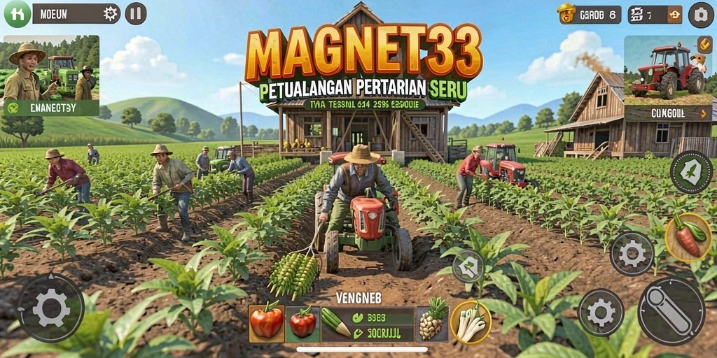 Screenshot gameplay <strong>MAGNET33</strong> menampilkan petani aktif di ladang dengan tanaman hijau.