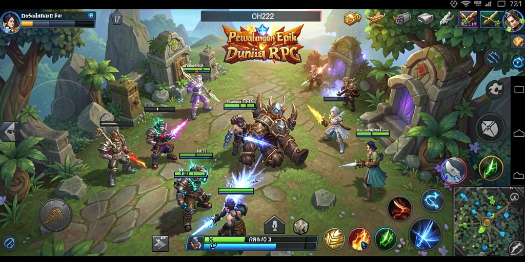 Tangkapan layar gameplay RPG menunjukkan pertarungan epik dan dunia yang luas.