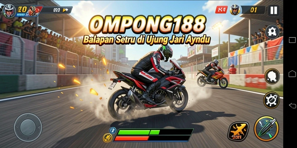 Tampilan gameplay OMPONG188 saat balapan motor.