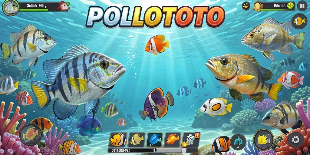 Screenshot gameplay POLOTOTO menampilkan aksi menembak ikan yang mendebarkan.