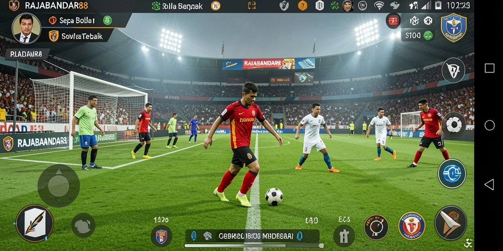 Tangkapan layar utama dari gameplay RAJABANDAR88 yang menampilkan aksi sepak bola.