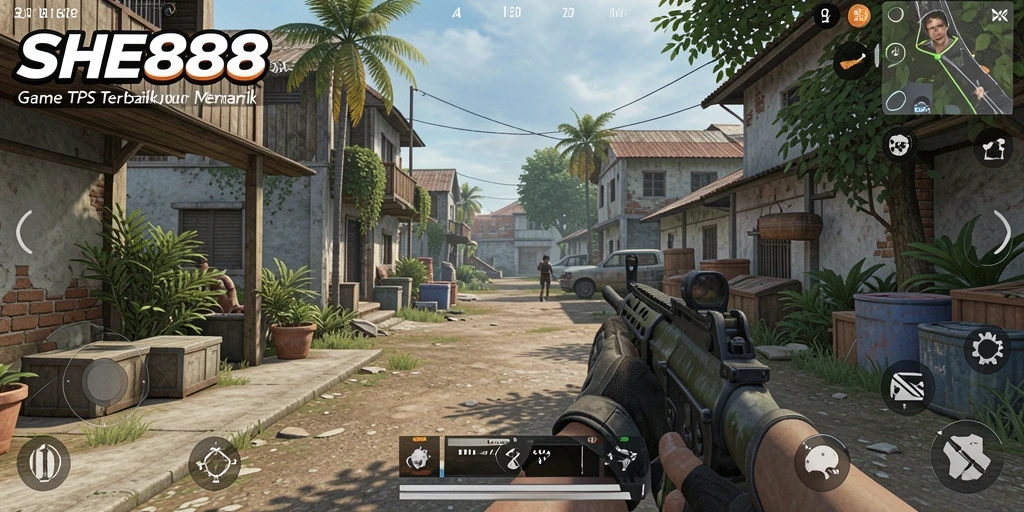 Screenshot gameplay SHE888 menampilkan aksi seru dalam pertempuran TPS.