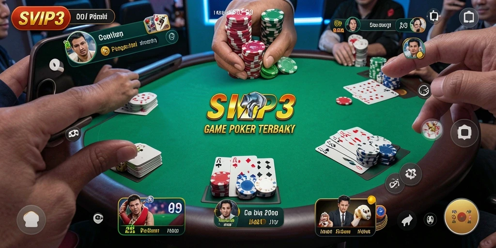 Screenshot SVIP3 yang menunjukkan suasana permainan Poker yang seru.