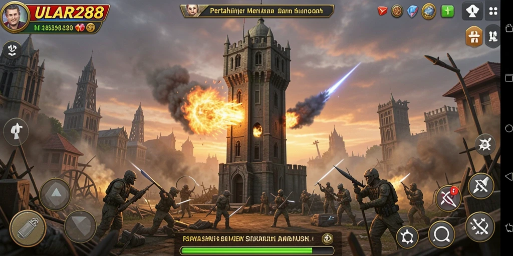 Tampilan gameplay ULAR288 dengan menara yang siap bertahan dari serangan musuh.