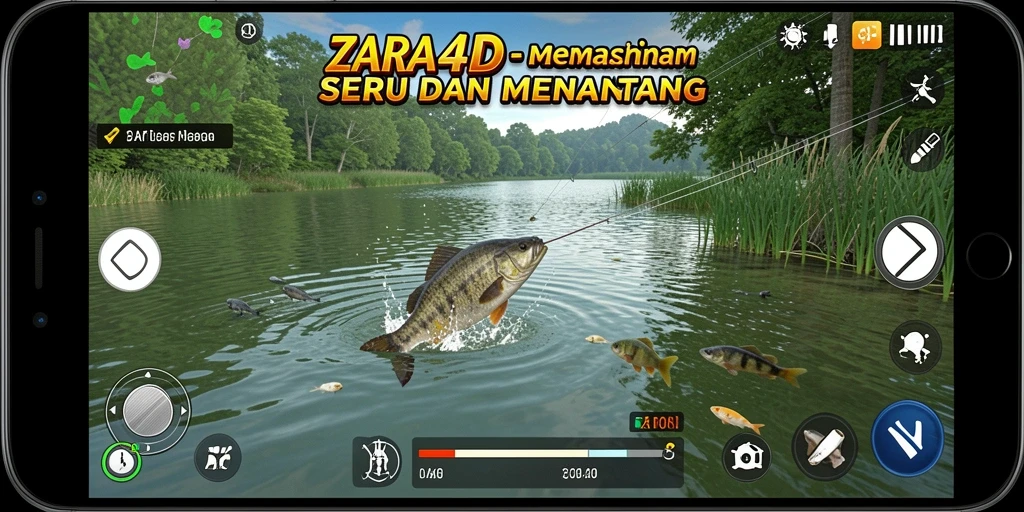 Tampilan gameplay ZARA4D saat memancing di danau.